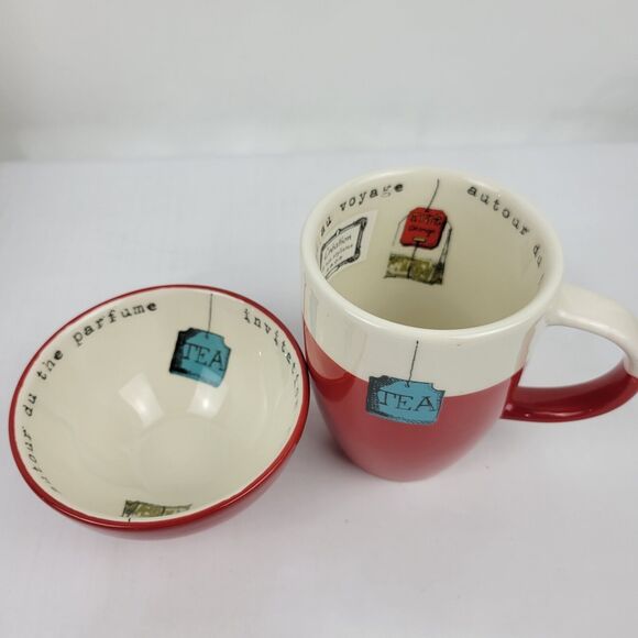 Maisons du Monde Tea Mug Cup & Bowl Set Red & Tan Invitation to Travel NWT - Picture 2 of 10
